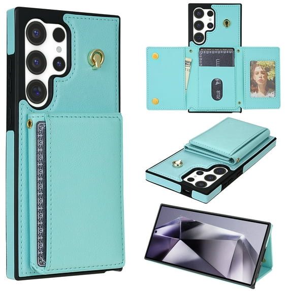 for Samsung Galaxy S25 Ultra Case, PU Leather Crossbody Wallet Case with Card Holder, Kickstand, Magnetic Clasp Folio Zipper Purse, Adjustable Removable Strap, Protective Back Cover, Mint