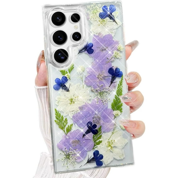 for Samsung Galaxy S25 Ultra Case with Pressed Real Flower, Women Girls Cute Glitter Aesthetic Floral Pattern Slim Soft TPU Bumper Shockproof Phone Cover for Galaxy S25 Ultra, White/Purple