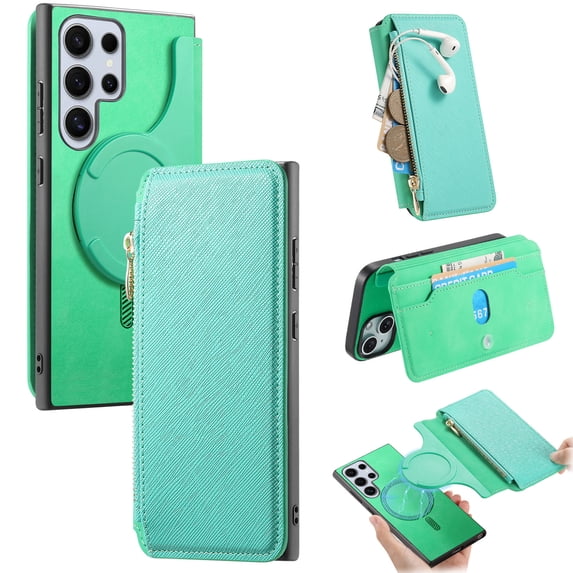 For Samsung Galaxy S25 Ultra Case with RFID Blocking Card Holder for Women Men,Compatible with MagSafe,Detachable Wallet 2 in 1 PU Leather Magnetic Snap Flip Kickstand Zipper Pouch Phone Case,Green