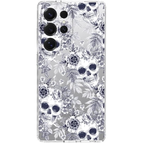 for Samsung Galaxy S25 Ultra Case, Retro Floral Skull Design Vintage Art Style Transparent Soft TPU Protective Clear Case 6.9 Inch (White Floral Skulls)