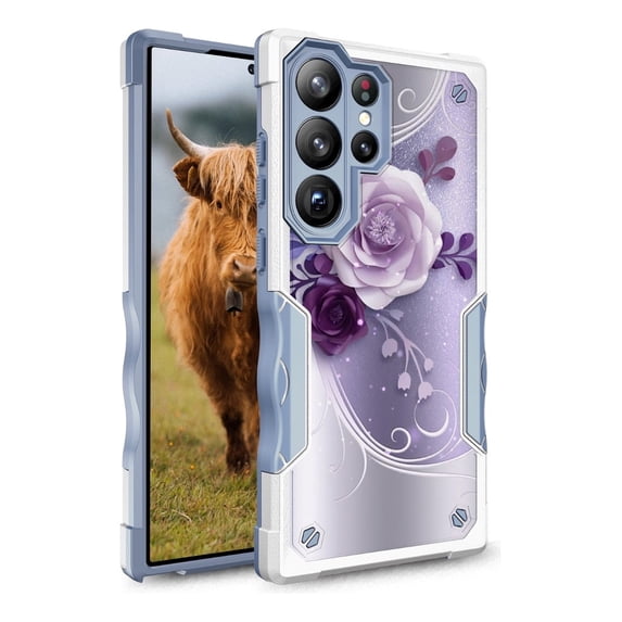 Samsung Galaxy S25 Ultra Case, Rosebono Hybrid Dual Layer Graphic Design Pattern Heavy Duty Protection Case For Samsung Galaxy S25 Ultra (Purple Flower)