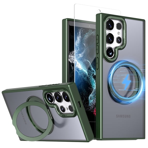 For Samsung Galaxy S25 Ultra Case with Screen Protector, Military Grade Shockproof Compatible with Magsafe Rotating Stand Bumper Drop Protection Phone Case Cover for Samsung Galaxy S25 Ultra, Green
