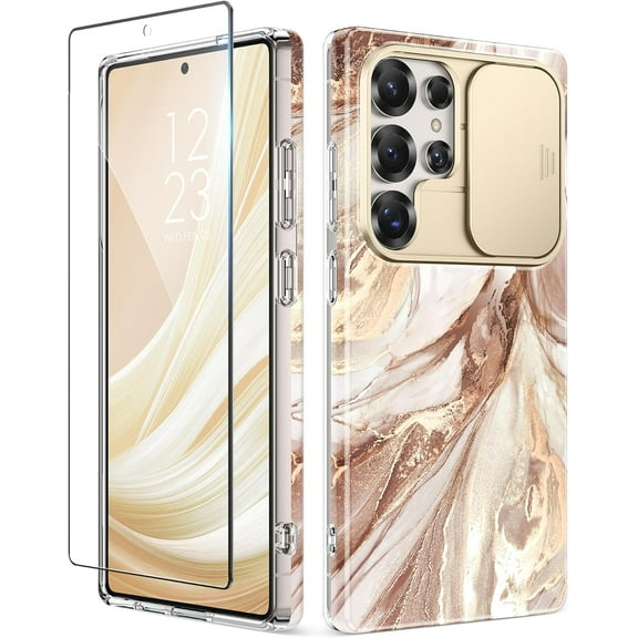 For Samsung Galaxy S25 Ultra Case with Slide Camera Cover, [Screen Protector] [Shockproof Military Grade Drop Protection] Marble Slim Fit Hard PC Phone Cover S25 Ultra 6.9" 2025 (Topaz)
