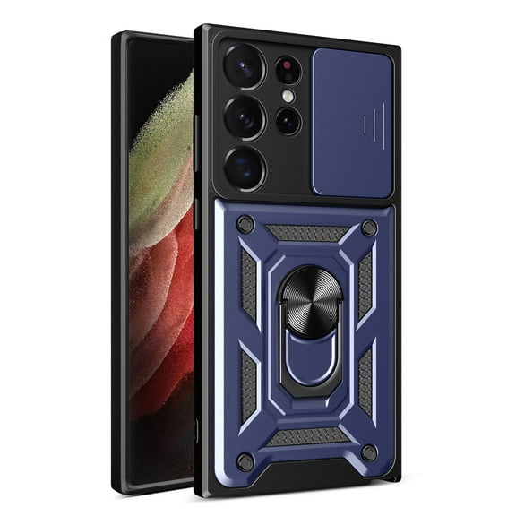 For Samsung Galaxy S25 Ultra Case with Sliding Camera Lens Cover and Ring Kickstand Heavy Duty Military Grade Rugged Protection Shockproof Back Phone Cover for Samsung Galaxy S25 Ultra, Blue