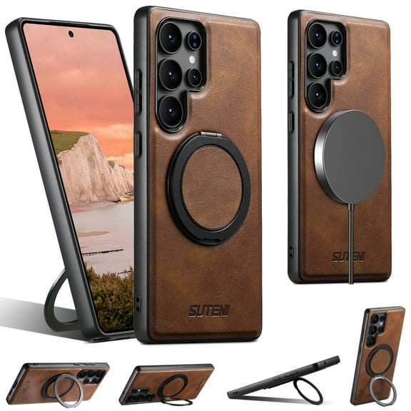 for Samsung Galaxy S25 Ultra Case with Stand, Compatible with Magsafe, Slim PU Leather & Rubber Drop Proof Magnetic Ring Kickstand Protective Phone Cover for Samsung Galaxy S25 Ultra, Brown