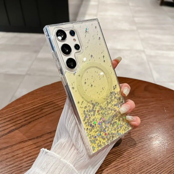 for Samsung Galaxy S25 Ultra Case, TPU Cover, Compatible with MagSafe, Glitter Sparkly Design, Ultra Slim Drop Protective Anti-Scratch Anti-Yellow Stylish Phone Case for Women and Girls, Yellow