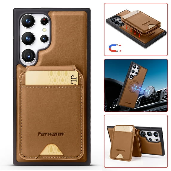 for Samsung Galaxy S25 Ultra Case Wallet with Card Holder for Women Men Compatible with Magsafe Wallet Detachable Magnetic 2 in 1 Stand Credit Card Slots PU Leather Shockproof Phone case-Off, Brown