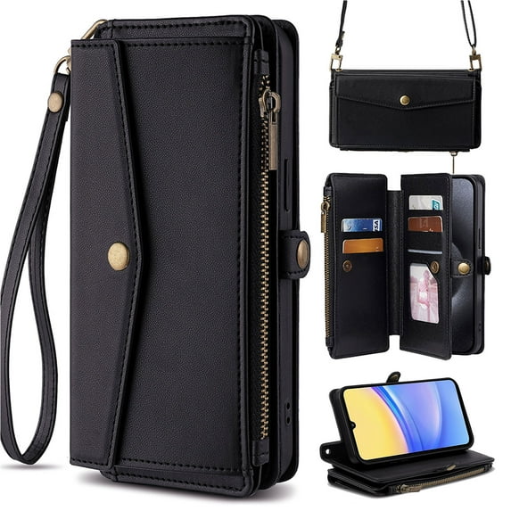 for Samsung Galaxy S25 Ultra Case Wallet with Card Holder Zipper Bills Slot, Soft PU Leather Detachable Shoulder Strap and Wrist Strap Kickstand for Samsung Galaxy S25 Ultra Rugged Cover, Black