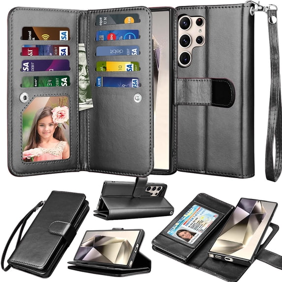 For Samsung Galaxy S25 Ultra Case Wallet with Credit Card Holder for Women Men, Flip PU Leather Wallet Phone Case for Galaxy S25 Ultra, Tekcoo Detachable Magnetic Kickstand Cover, Black