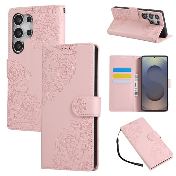 for Samsung Galaxy S25 Ultra Case Wallet with Floral Embossed Design, Premium PU Leather + TPU, Card Slots Kickstand Magnetic Clasp Wrist Strap Shockproof Full Body Cover for S25 Ultra, Rosegold