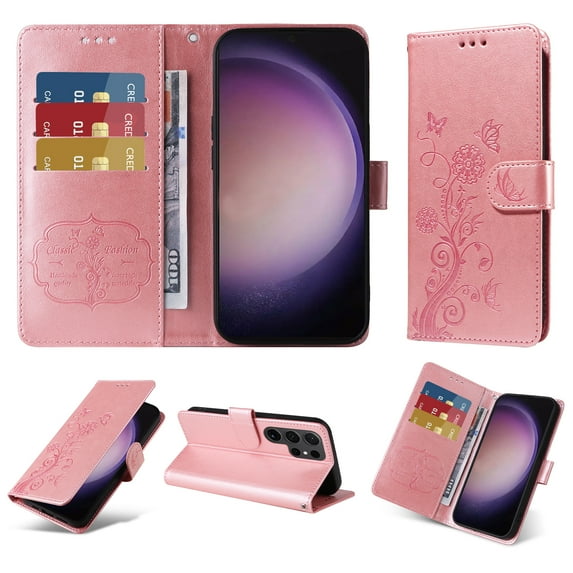 For Samsung Galaxy S25 Ultra Case Wallet, Stylish Flower Butterfly Embossed PU Leather Flip Cover Stand Shockproof Cards Slots Hand Wrist Phone Case for Samsung Galaxy S25 Ultra, Pink
