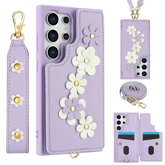 for Samsung Galaxy S25 Ultra Case Wallet,Women Flip Kickstand Folio Cover RFID Blocking Credit Card Slots Flower Patterned PU Leather Crossbody&Wrist Strap Purse For Samsung Galaxy S25 Ultra,Purple