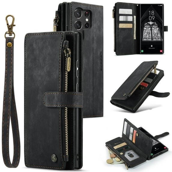 for Samsung Galaxy S25 Ultra Case Wallet for Women Men, Samsung Galaxy S25 Ultra Case, PU Leather Magnetic Flip Strap Wristlet Zipper Card Holder Wallet Business Phone Cover for Galaxy S25 Ultra,Black