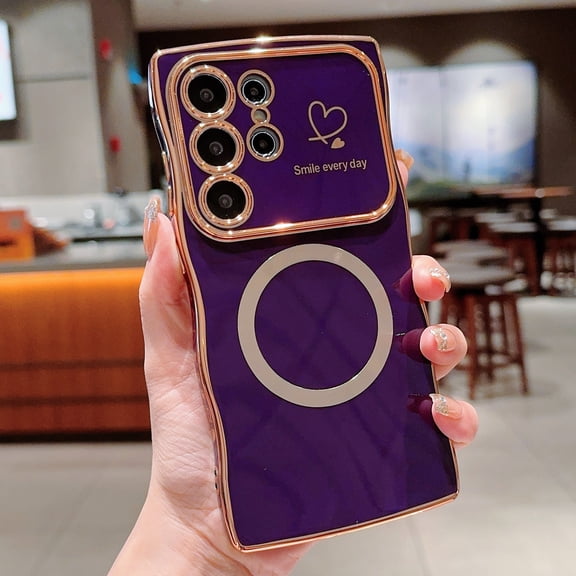for Samsung Galaxy S25 Ultra Case for Women Girls [Compatible with Mag Safe] Cute, Magnetic Love Heart Pattern with Camera Lens Protection Plating Shockproof Wireless Charging Phone Case,Darkpurple