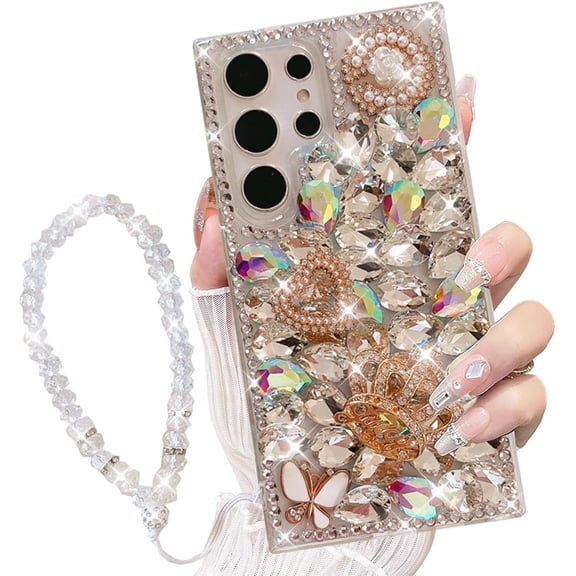 for Samsung Galaxy S25 Ultra Case with Wrist Strap Lanyard, Women 3D Bling Shiny Rhinestone Diamond Crystal Pearl Handmade Glitter Cute Cover Phone Case for Galaxy S25 Ultra (Silver)