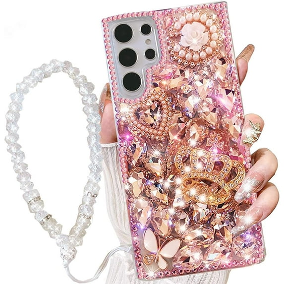 for Samsung Galaxy S25 Ultra Case with Wrist Strap Lanyard, Women 3D Bling Shiny Rhinestone Diamond Crystal Pearl Handmade Glitter Cute Cover Phone Case for Galaxy S25 Ultra (Pink)