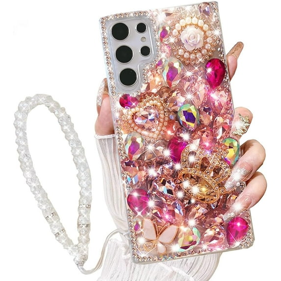for Samsung Galaxy S25 Ultra Case with Wrist Strap Lanyard, Women 3D Bling Shiny Rhinestone Diamond Crystal Pearl Handmade Glitter Cute Cover Phone Case for Galaxy S25 Ultra (Hot Pink)