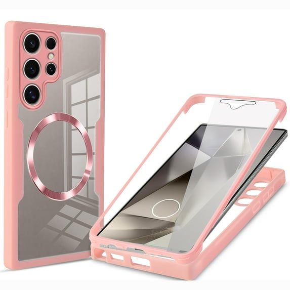 for Samsung Galaxy S25 Ultra Clear Case with Built-in Screen Protector Film, Compatible with Mag-Safe, Military-Grade Protection Yellowing Resistant, Shockproof Magnetic Full Phone Case, Pink