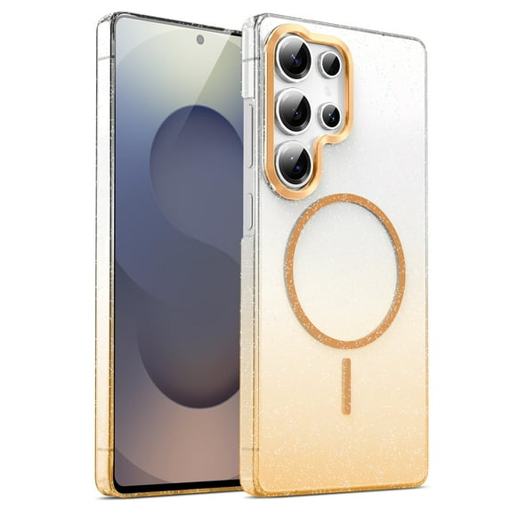 for Samsung Galaxy S25 Ultra Clear Glitter Case with Gradient Color, Luxury Magnetic Back Compatible with MagSafe, Support Wireless Charging PC Protective Cover, Lightweight & Anti-Scratch, Gold