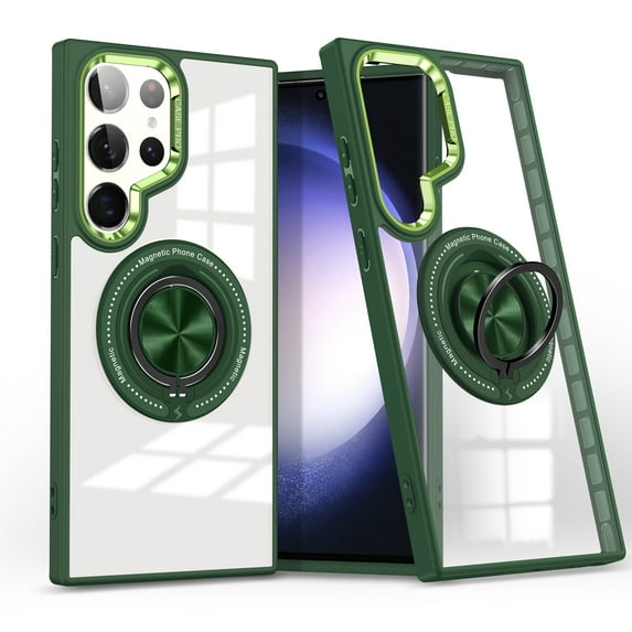 for Samsung Galaxy S25 Ultra Crystal Clear Case with Mag-Safe, Slim Protective Military Grade Shockproof Cover with Multi-function Rotation Ring Kickstand, Support Magnetic Car Mount Case, Green