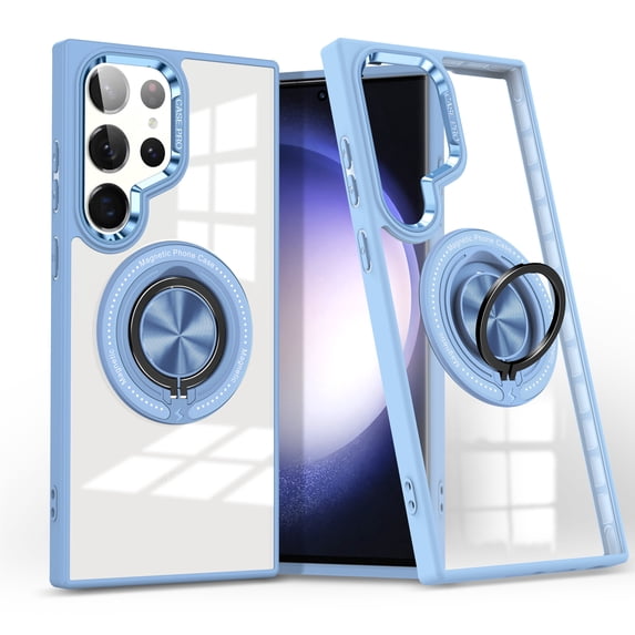 for Samsung Galaxy S25 Ultra Crystal Clear Case with Mag-Safe, Slim Protective Military Grade Shockproof Cover with Multi-function Rotation Ring Kickstand, Support Magnetic Car Mount Case, Blue