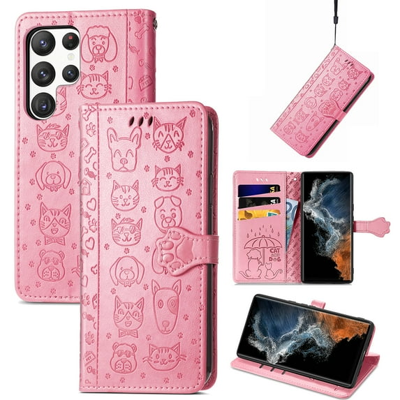 for Samsung Galaxy S25 Ultra Embossed Pattern Wallet Case with Card Holder, Cute Cat Cartoon PU Leather Flip Kickstand Cover with Magnetic Clasp Wrist Strap for Samsung Galaxy S25 Ultra, Pink