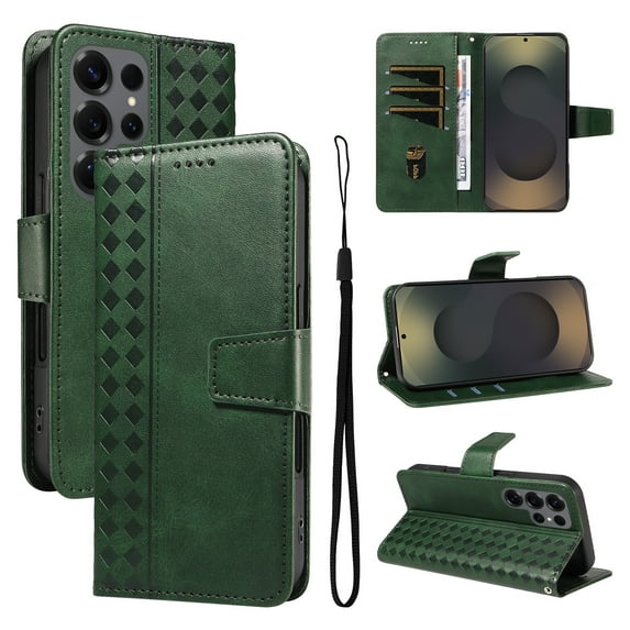 for Samsung Galaxy S25 Ultra Flip Case with Cash Slot Credit Card Slots Kickstand PU Leather Shockproof Lightweight Full Body Protective Magentic Clasp Rugged Case Cover with Wrist Strap, Darkgreen