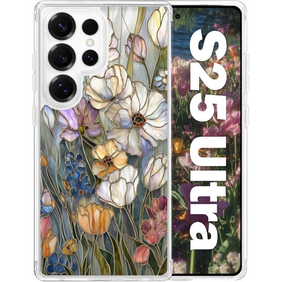For Samsung Galaxy S25 Ultra Floral Case, Clear Magnetic Cover, Vintage | Compatible with MagSafe, Aesthetic Vintage Stained Glass Bloom Flowers Design, Slim Fit Soft TPU Shockproof Hard Phone Shell