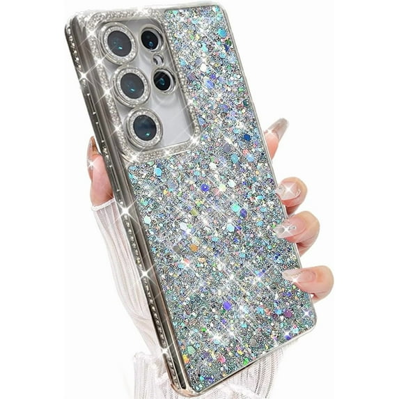 for Samsung Galaxy S25 Ultra Glitter Case, Shockproof Cute Bling Sparkle Cover Sequin Diamond Shiny Camera Protector Girls Women Soft Electroplated Protective Phone Case for S25 Ultra, Silver