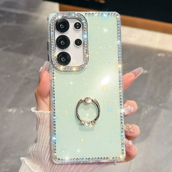 for Samsung Galaxy S25 Ultra Glitter Case, Slim Fit Sparkly Diamond Fashionable Case with Ring Holder Kickstand for Women Girls Shockproof Protective Cover for Samsung Galaxy S25 Ultra, Lightgreen