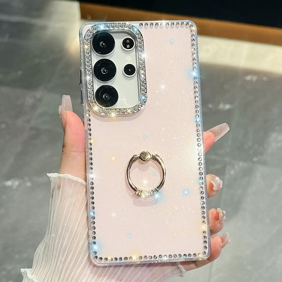 for Samsung Galaxy S25 Ultra Glitter Case, Slim Fit Sparkly Diamond Fashionable Case with Ring Holder Kickstand for Women Girls Shockproof Protective Cover for Samsung Galaxy S25 Ultra, Light Pink