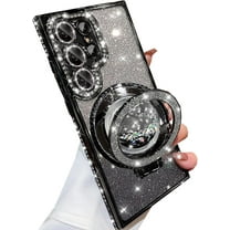 for Samsung Galaxy S25 Ultra Glitter Kickstand Case,Cute Bling Sparkly Diamond Rhinestones with Camera Protector Liquid Flowing Ring Stand Soft TPU Women Girls Case for Galaxy S25 Ultra,Black