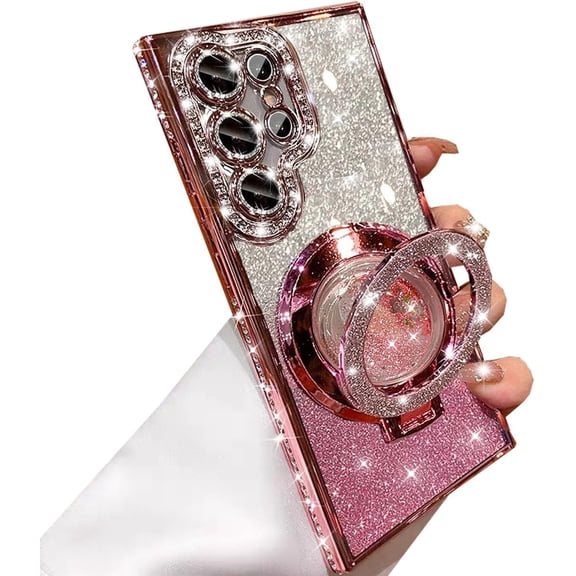for Samsung Galaxy S25 Ultra Glitter Kickstand Case, Cute Bling Sparkly Diamond Rhinestones with Camera Protector Liquid Flowing Ring Stand Soft TPU Women Girls Case for Galaxy S25 Ultra,Pink