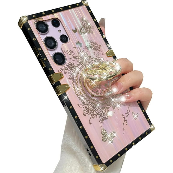 for Samsung Galaxy S25 Ultra Glitter Kickstand Case, Cute Luxury 3D Bling Sparkly Floral Diamond Butterfly with Ring Stand Elegant Shockproof Women Girls Phone Case for Galaxy S25 Ultra, Pink