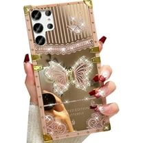 for Samsung Galaxy S25 Ultra Glitter Kickstand Case,Cute Luxury Bling Sparkly Diamond Butterfly Foldable Stand Elegant Mirror Shockproof Women Girls Protective Case for Galaxy S25 Ultra, Pink