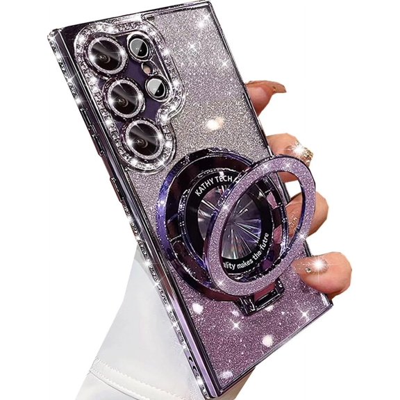 for Samsung Galaxy S25 Ultra Glitter Magnetic Kickstand Case,[Compatible with MagSafe] Cute Bling Sparkly Rhinestone with Camera Protector Soft TPU Women Girl Case for Galaxy S25 Ultra,Purple