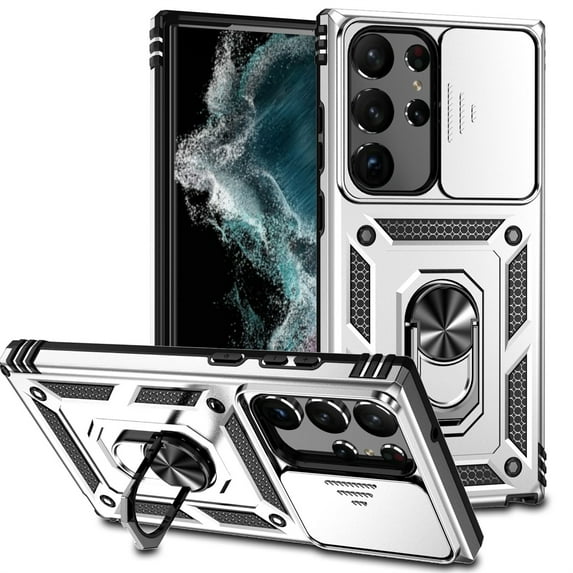 Samsung Galaxy S25 Ultra Kickstand Armor Case with Slide Camera Lens Protection Cover Built-in 360° Rotate Ring Holder Stand Magnetic Military Shockproof Case for Samsung Galaxy S25 Ultra,
Silver