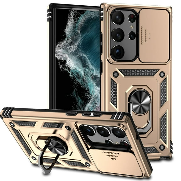 Samsung Galaxy S25 Ultra Kickstand Armor Case with Slide Camera Lens Protection Cover Built-in 360° Rotate Ring Holder Stand Magnetic Military Shockproof Case for Samsung Galaxy S25 Ultra,
Gold