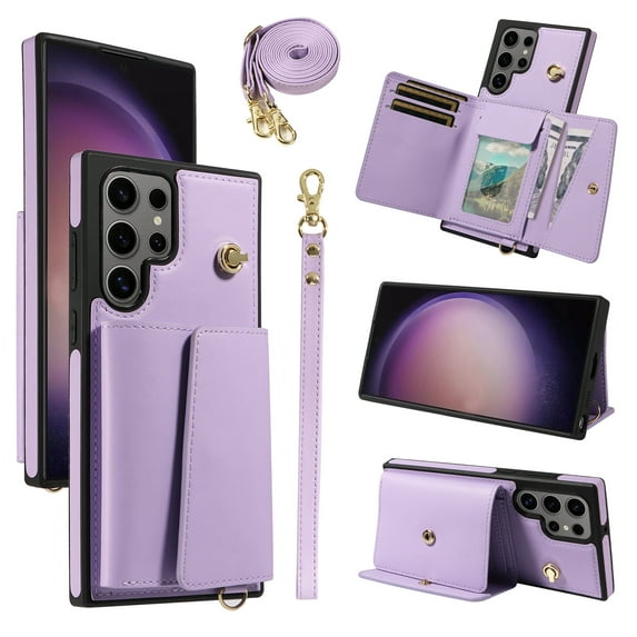 for Samsung Galaxy S25 Ultra Magnetic Back Flip Wallet Case with Card Slots, PU Leather + TPU Full Body Protection, with Shoulder Strap & Wrist Strap, Classic Kickstand Protective Rugged Cover, Purple