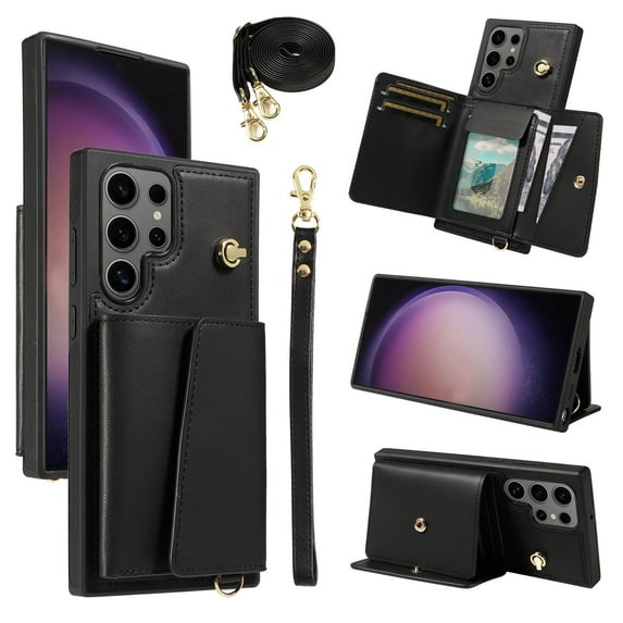 for Samsung Galaxy S25 Ultra Magnetic Back Flip Wallet Case with Card Slots, PU Leather + TPU Full Body Protection, with Shoulder Strap & Wrist Strap, Classic Kickstand Protective Rugged Cover, Black