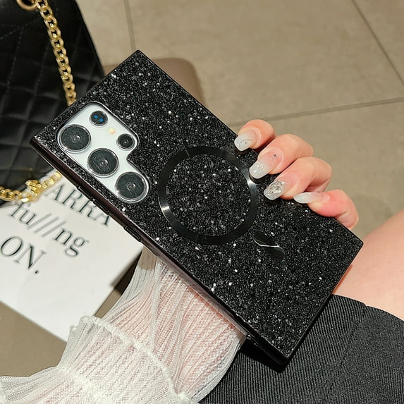 for Samsung Galaxy S25 Ultra Magnetic Case, Fashionable Sparkle Glitter Case Compatible with MagSafe Charging, Anti-Scratch Shockproof Phone Cover for Galaxy S25 Ultra Plating Bling Case, Black