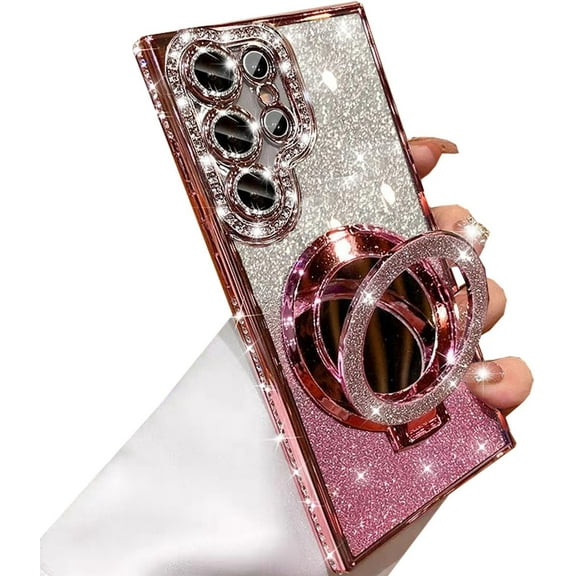 for Samsung Galaxy S25 Ultra Magnetic Kickstand Glitter Case,[Compatible with Magsafe] Bling Sparkly Rhinestones with Camera Protector Makeup Mirror Women Girls Case for Galaxy S25 Ultra,Pink