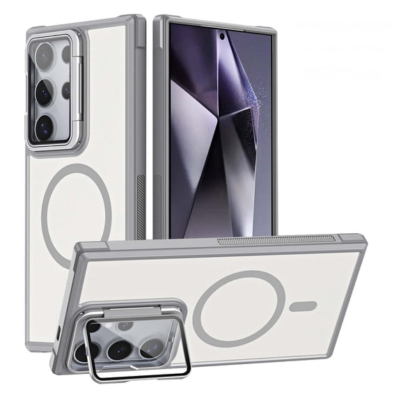 For Samsung Galaxy S25 Ultra Magnetic Phone Case,Compatible with Mag-Safe,With Contractile Camera Cover Kickstand,Frosted Translucent Back,Ultra Slim Shockproof Rugged Thin Fit Phone Case,Gray