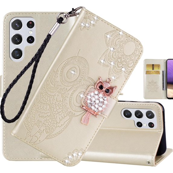 for Samsung Galaxy S25 Ultra (Not S25) Wallet Case with Card Slot Holder, Glitter Diamond Owl Rhinestone Flip Folio PU Leather Cover Case with Wrist Strap for Galaxy S25 Ultra MTY-Gold