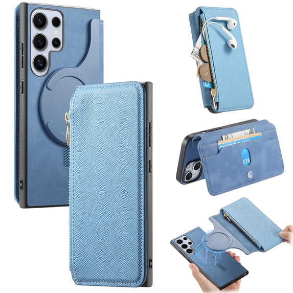 for Samsung Galaxy S25 Ultra Phone Case, Detachable Magnetic Wallet, Card Slot Pocket Zipper Retro PU Leather Flip Folio Case Compatible with Kickstand Magsafe for Samsung Galaxy S25 Ultra, Blue