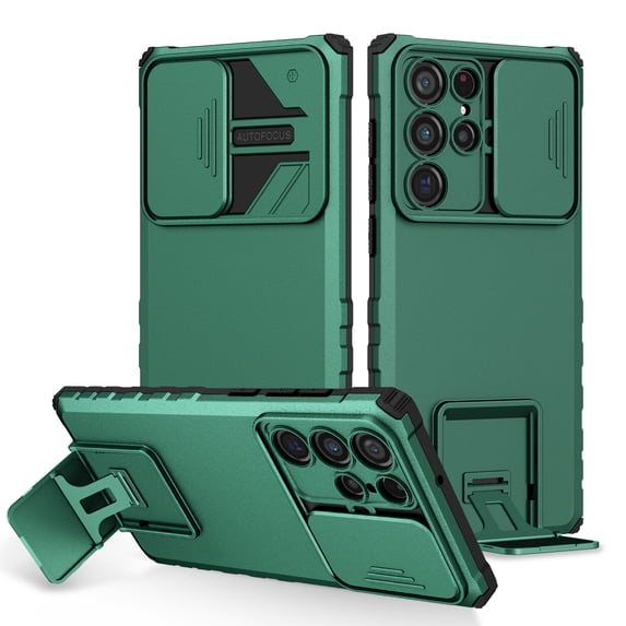 for Samsung Galaxy S25 Ultra Phone Case with Slide Camera Cover, Kickstand Rugged Military Grade Shockproof TPU Rubber Anti-Scratch Hard PC Back Cover for Samsung S25 Ultra, Green