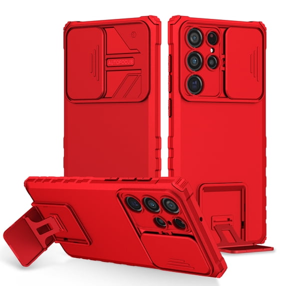 for Samsung Galaxy S25 Ultra Phone Case with Slide Camera Cover, Kickstand Rugged Military Grade Shockproof TPU Rubber Anti-Scratch Hard PC Back Cover for Samsung S25 Ultra, Red