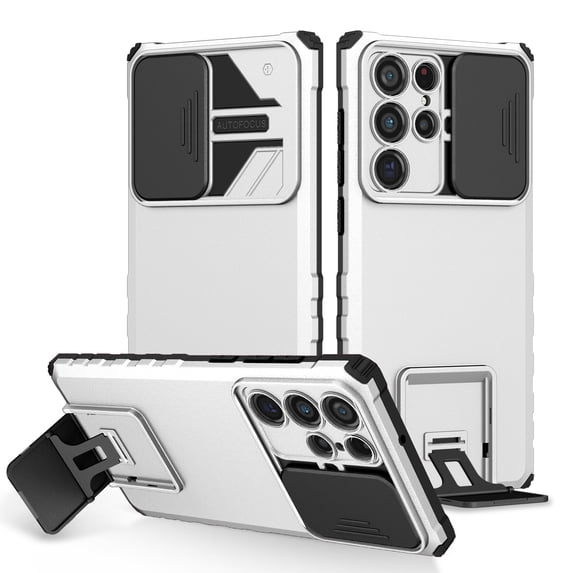for Samsung Galaxy S25 Ultra Phone Case with Slide Camera Cover, Kickstand Rugged Military Grade Shockproof TPU Rubber Anti-Scratch Hard PC Back Cover for Samsung S25 Ultra, White