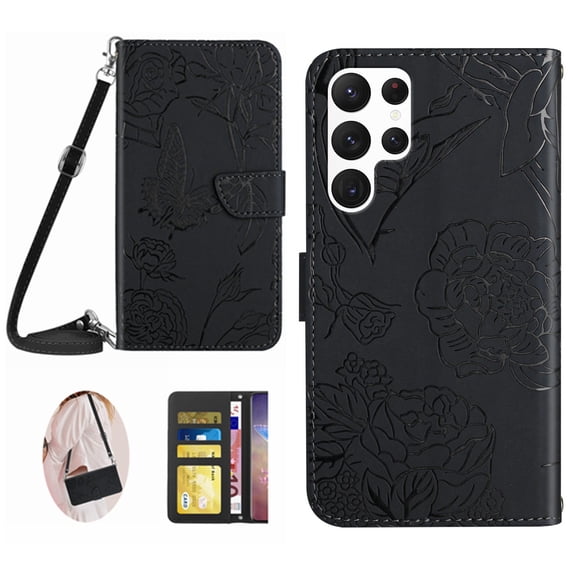 for Samsung Galaxy S25 Ultra Phone Case Wallet,Crossbody Strap & Short Lanyard Flip Cover with Credit Card Holders RFID Blocking Butterfly Embossed PU Leather Stand Protective Case,Black