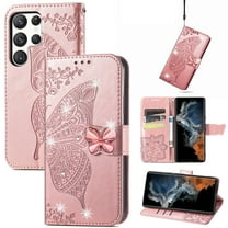 for Samsung Galaxy S25 Ultra Phone Case Wallet, Women Flip Folio Cover with Credit Card Holders Diamond Emboss Butterfly Flower PU Leather Purse Wrist Strap Kickstand Case for S25 Ultra, Rosegold